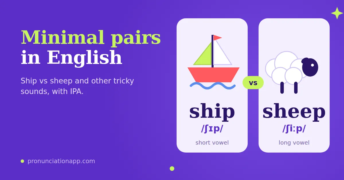 Minimal pairs in English: illustrated ship /ʃɪp/ and sheep /ʃiːp/ side by side