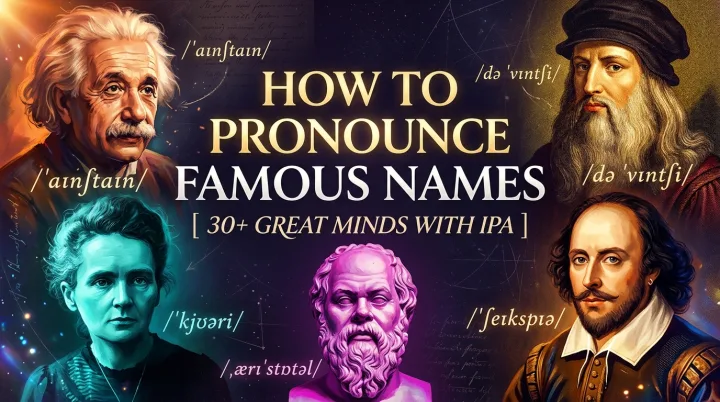 How to pronounce famous names: three framed portraits with nameplates for Beethoven, Nietzsche and Galileo