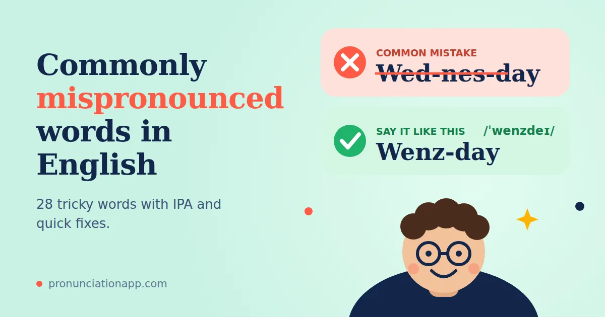 Commonly mispronounced words: Wednesday said wrongly as Wed-nes-day and correctly as Wenz-day