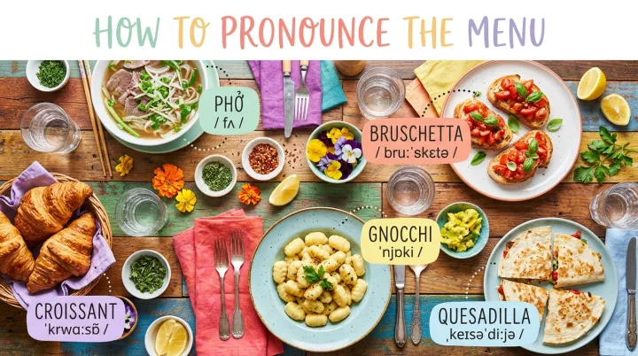 ow to pronounce food names: a chalkboard menu showing gnocchi, croissant, quinoa and pho with IPA