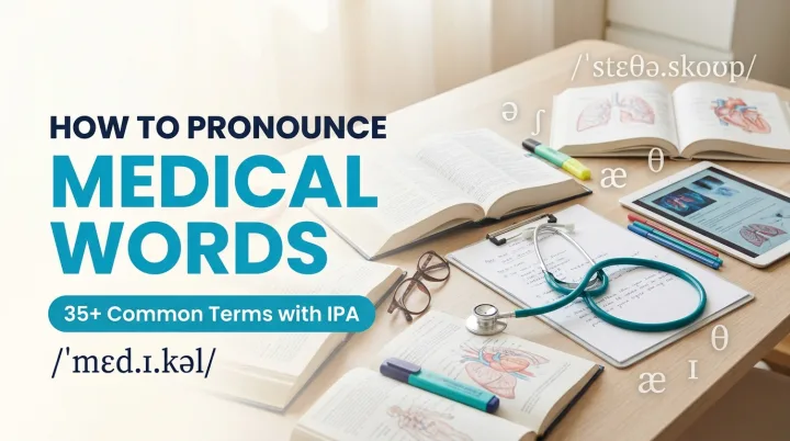 How to pronounce medical words: clipboard showing pneumonia, esophagus and cholesterol with IPA