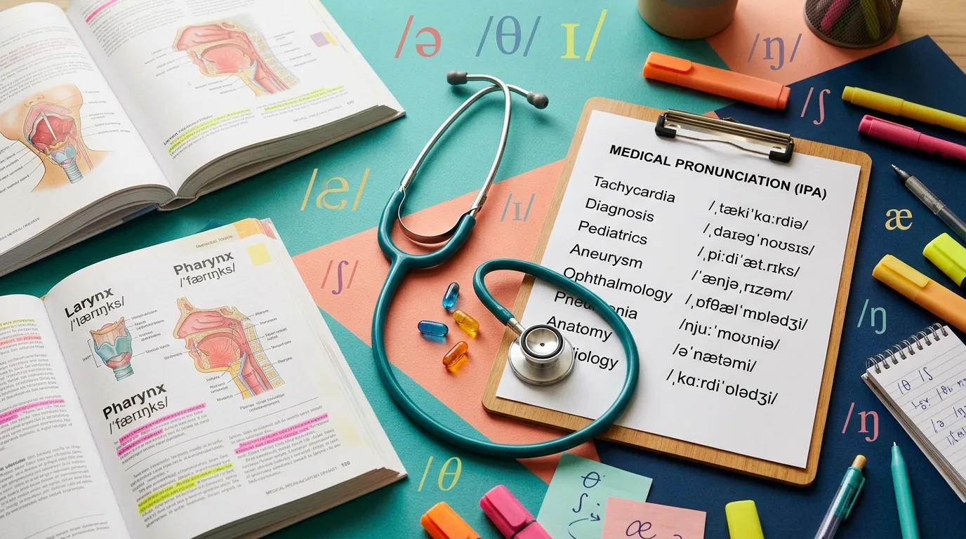 How to pronounce medical words: clipboard showing pneumonia, esophagus and cholesterol with IPA