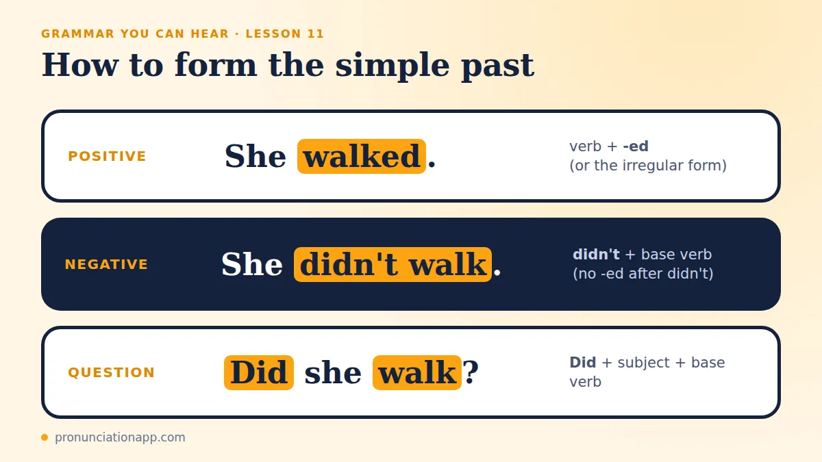 Simple past tense: positive She walked, negative She didn't walk, question Did she walk