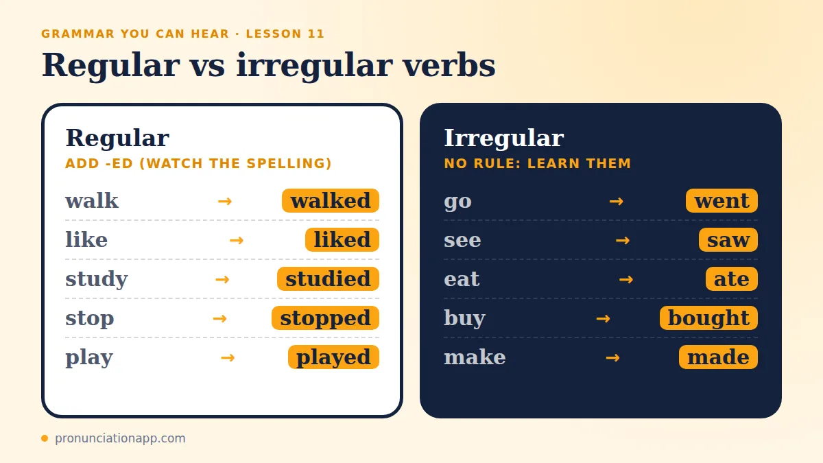 Regular verbs add -ed, like walk to walked, while irregular verbs change, like go to went