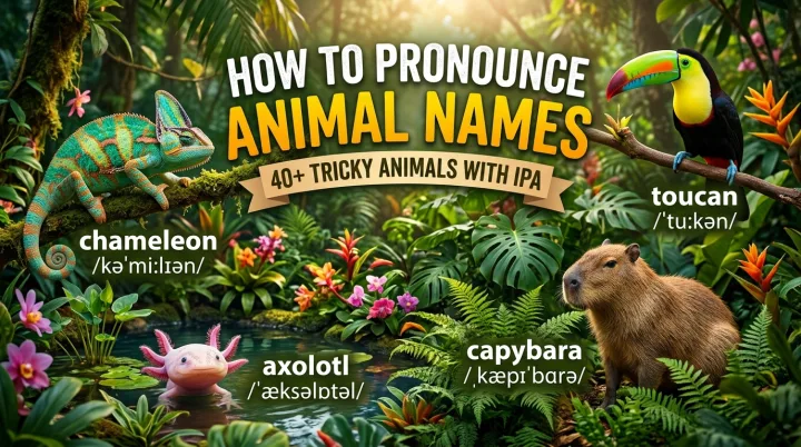 How to pronounce animal names: koala, giraffe and penguin illustrations with IPA