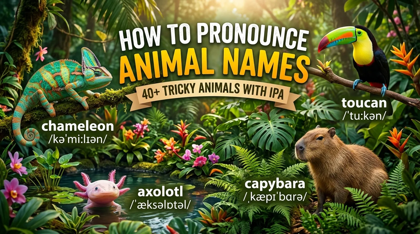 How to pronounce animal names: koala, giraffe and penguin illustrations with IPA